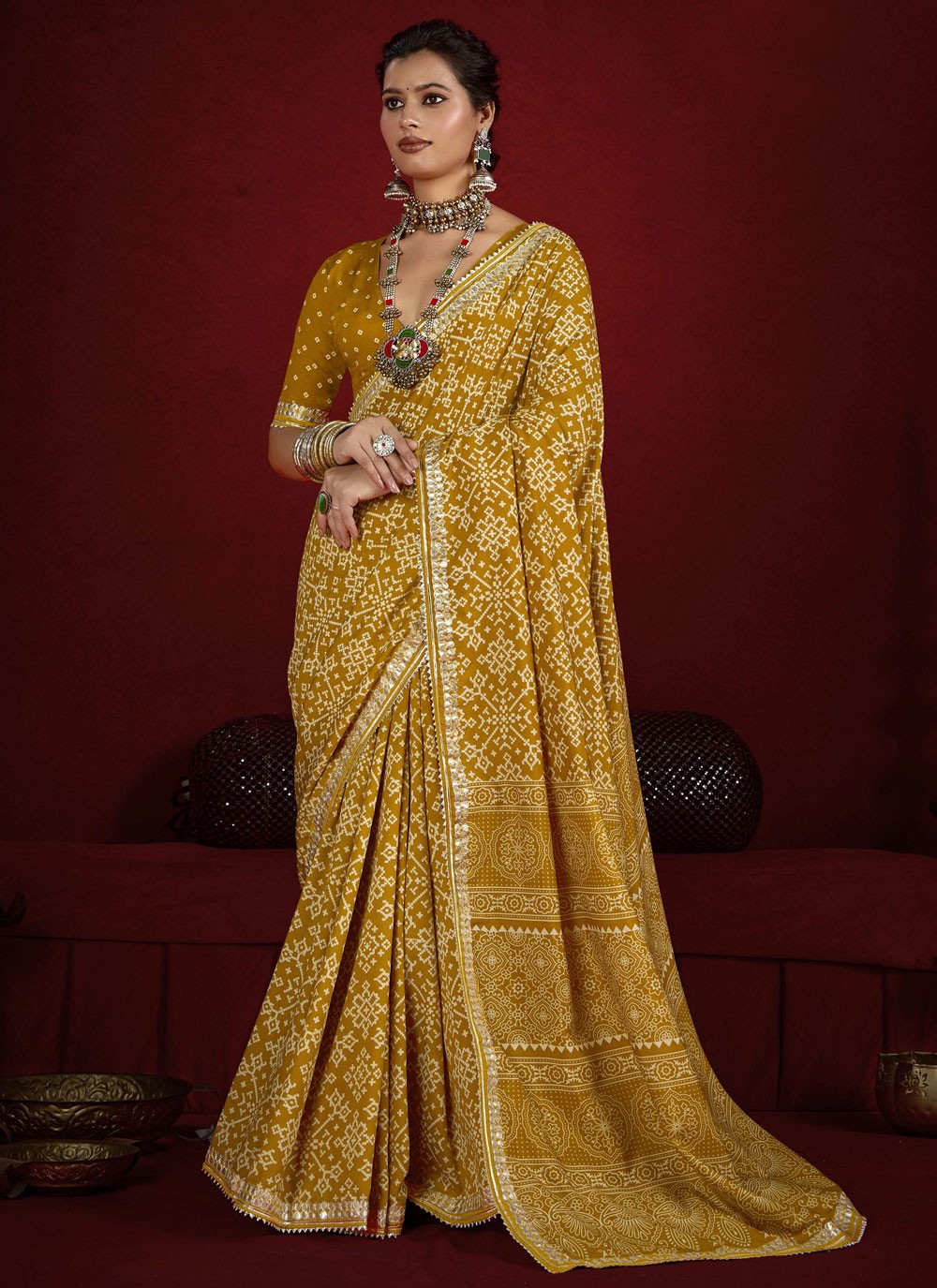 Mustard Silk Classic Saree Border Work, Lace, Printed S17116