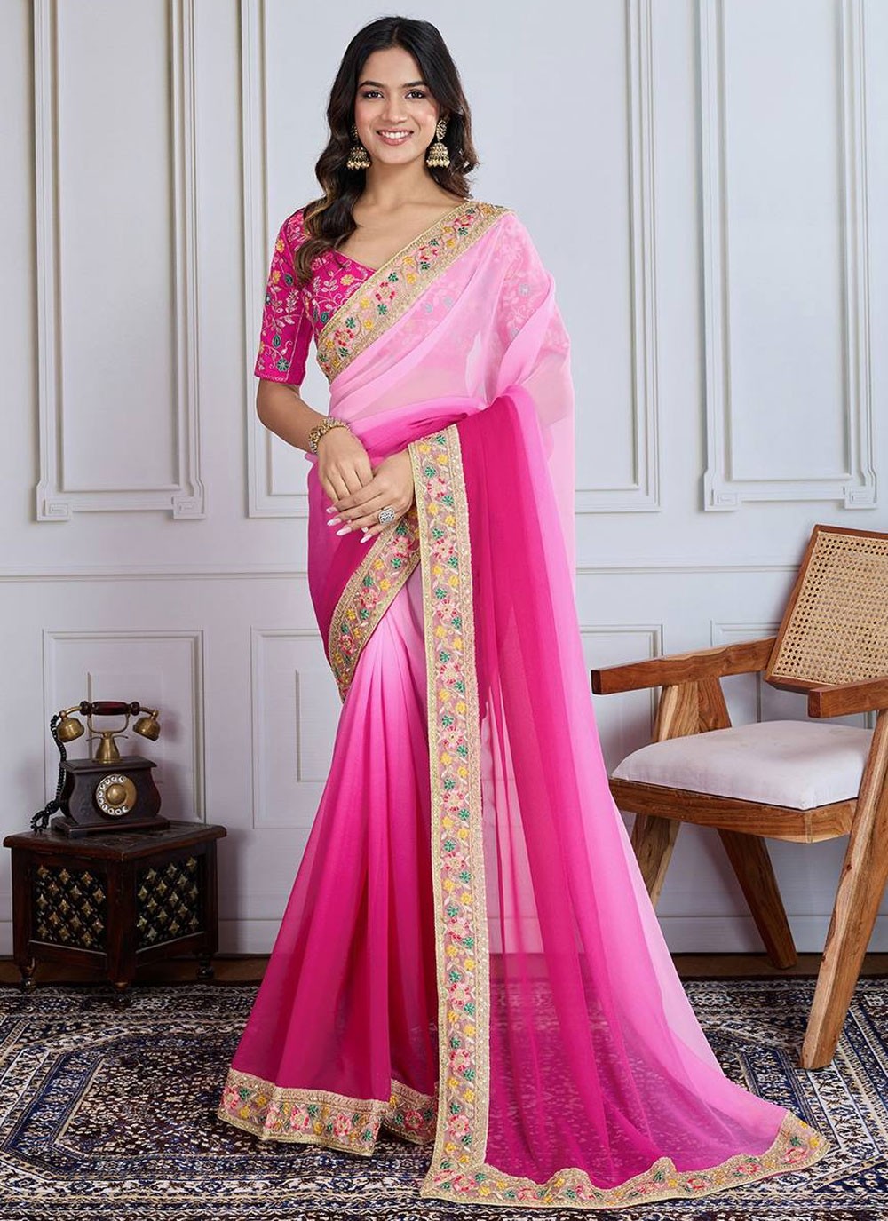Border Work Georgette Pink Designer Saree S14895