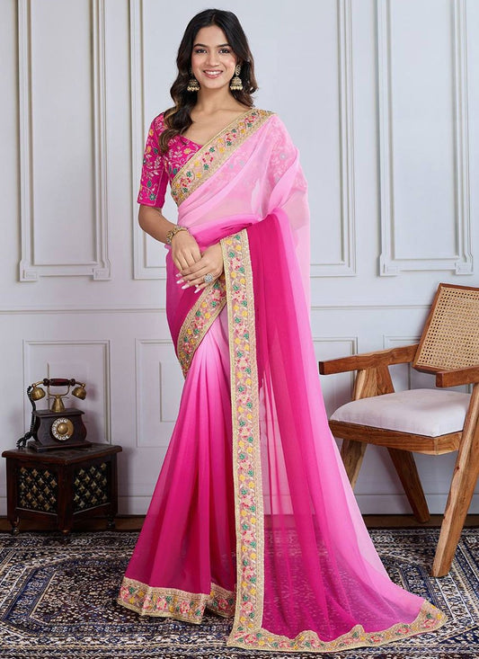 Border Work Georgette Pink Designer Saree S14895