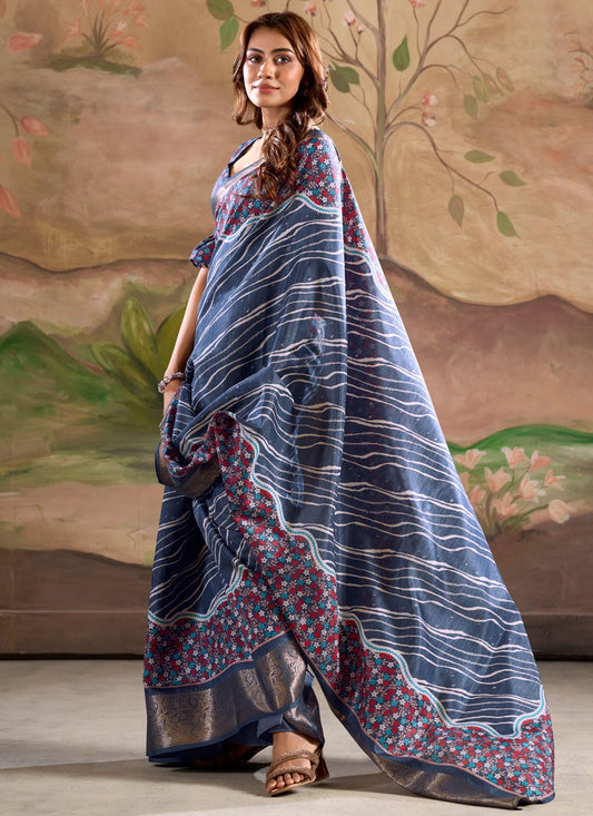Border Work Pure Dola Blue Classic Saree S15048