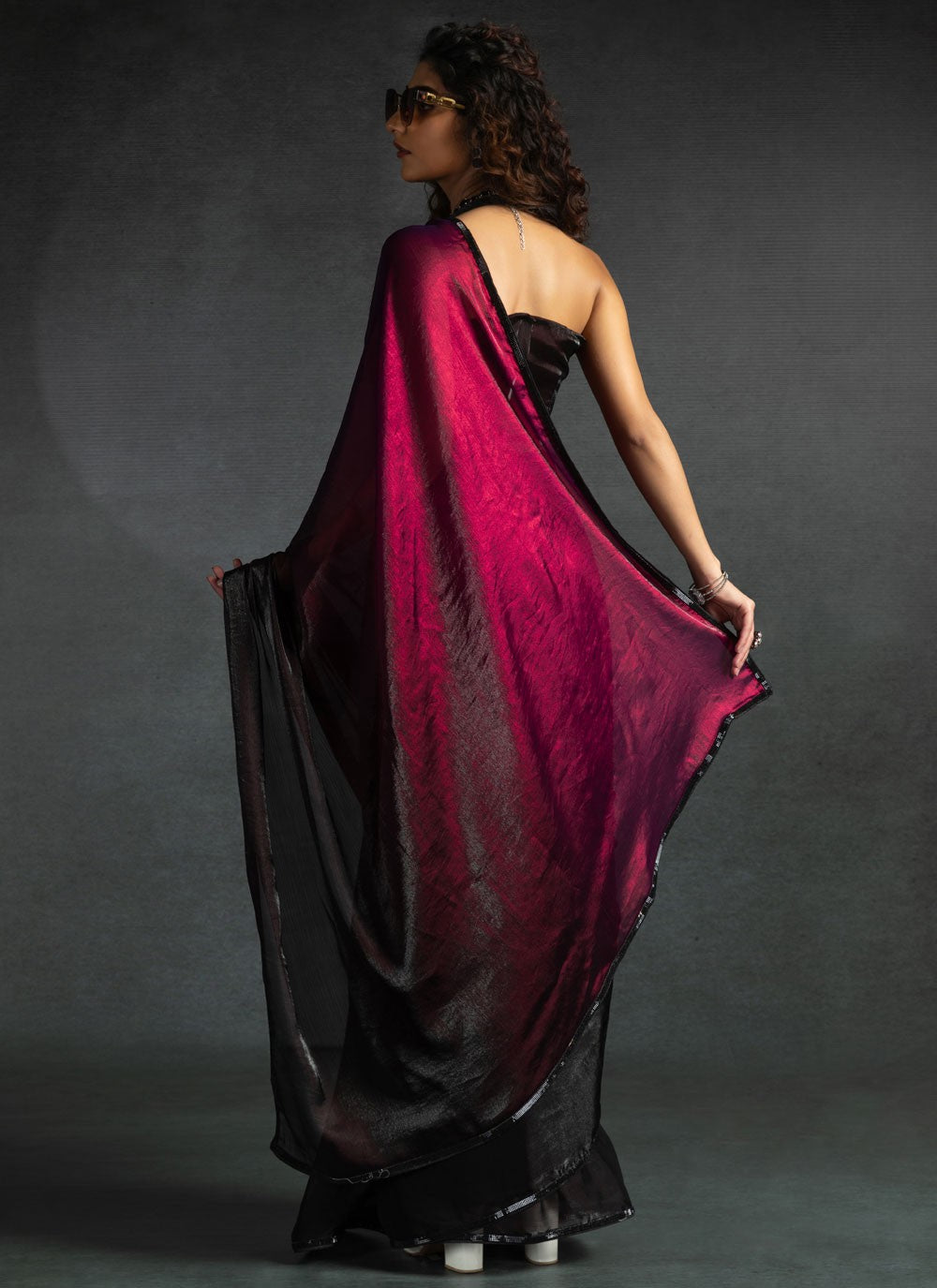 Border Work Satin Silk Hot Pink Designer Saree S15432