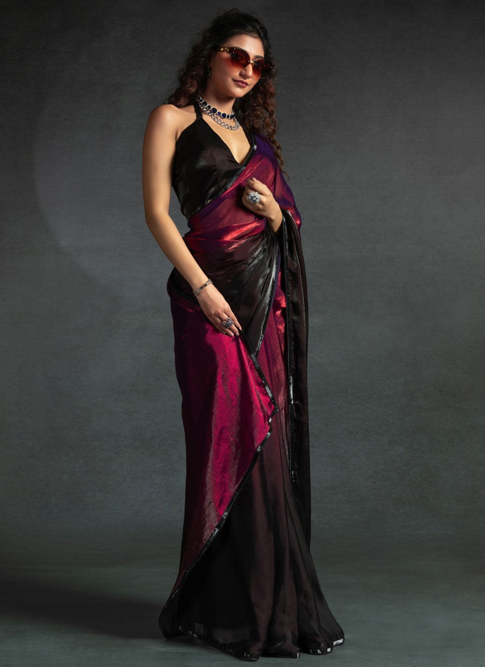 Border Work Satin Silk Hot Pink Designer Saree S15432