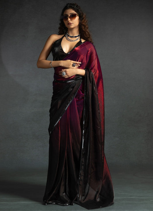 Border Work Satin Silk Hot Pink Designer Saree S15432