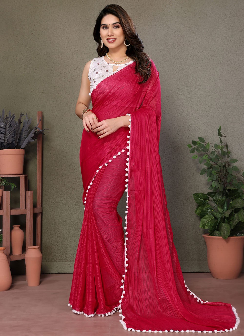 Contemporary Border Work Red Banglori Silk S12473
