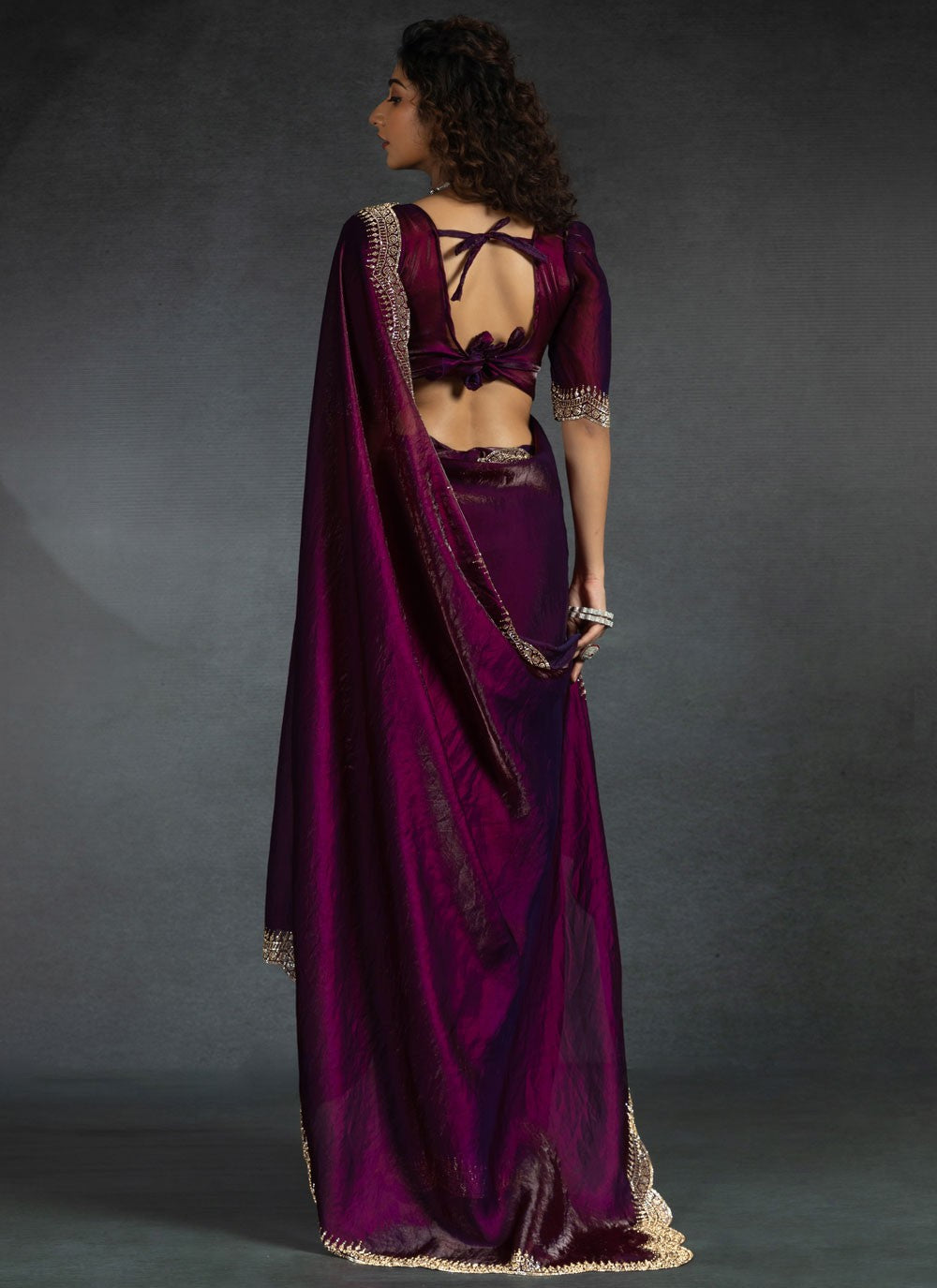 Border Work Satin Silk Purple Classic Saree S14975