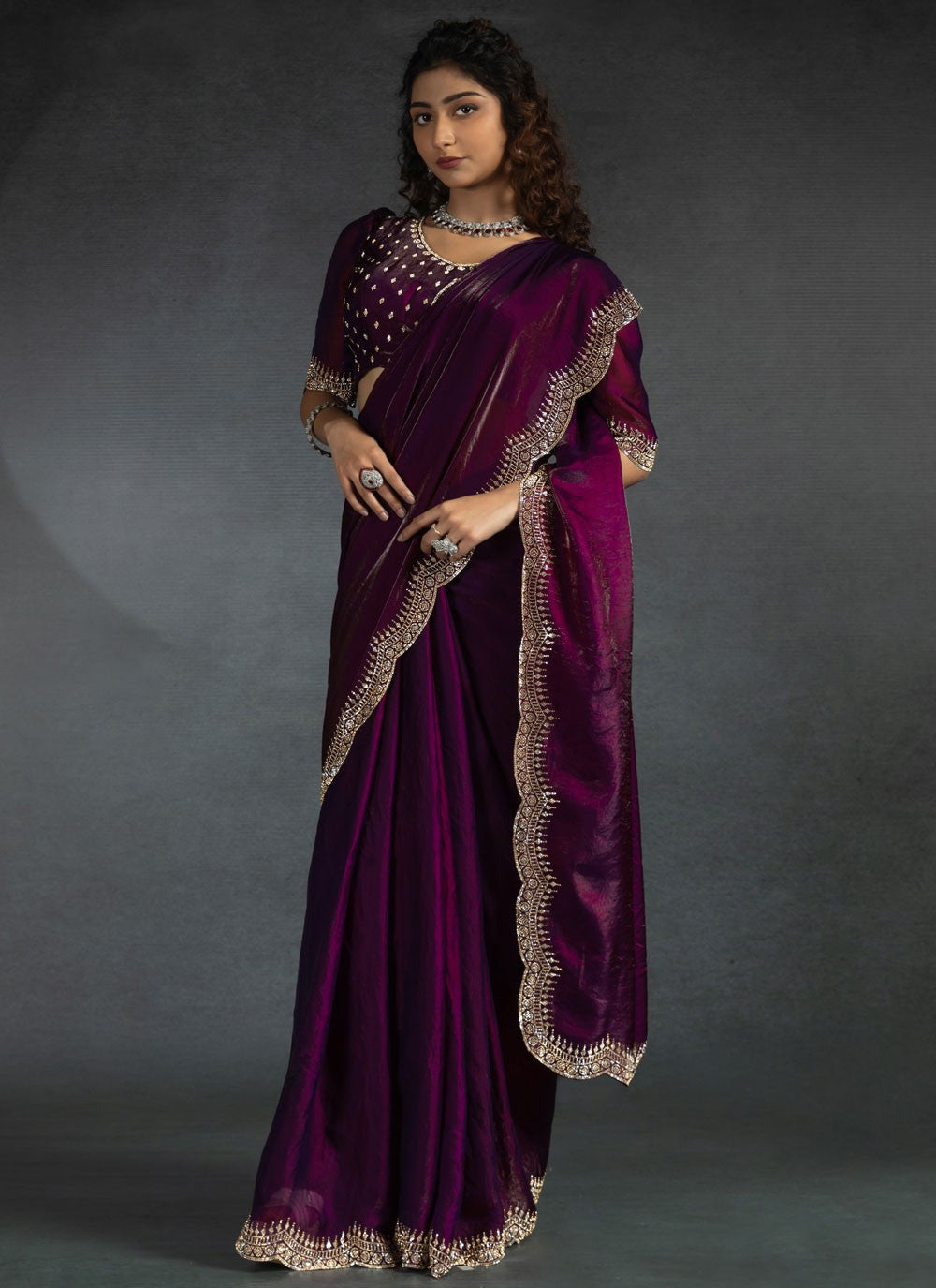 Border Work Satin Silk Purple Classic Saree S14975