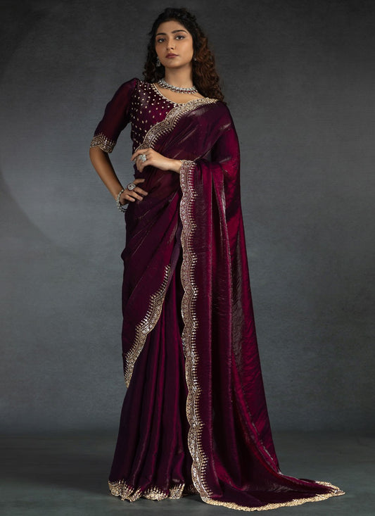Border Work Satin Silk Purple Classic Saree S14975