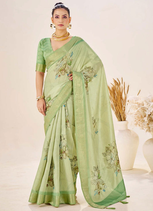 Green Silk Contemporary Saree Border Work, Fancy Work, Printed, Weaving Zari S19083