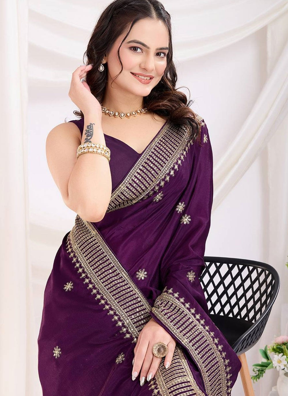 Designer Border Work Purple Silk Saree S12962
