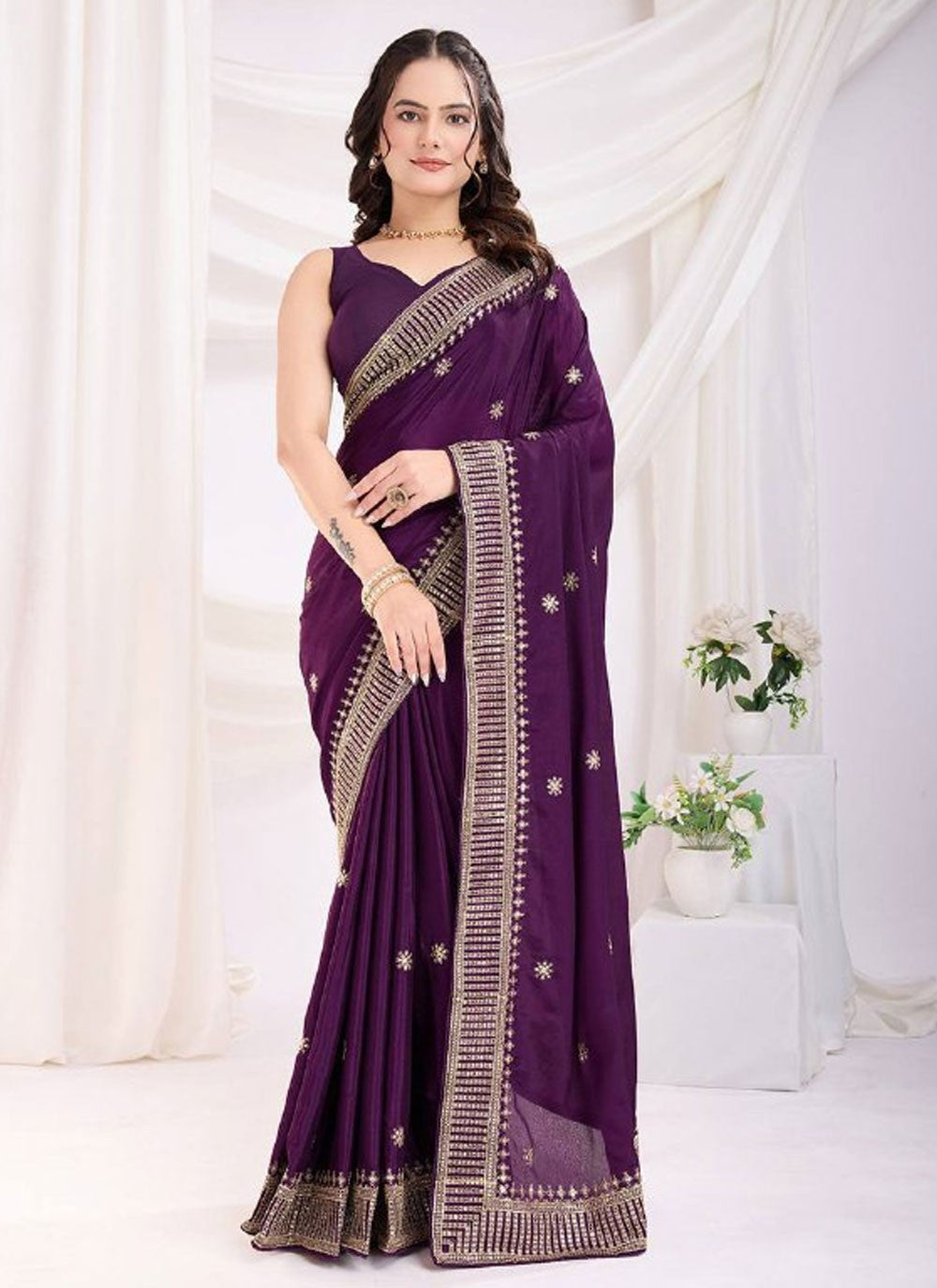 Designer Border Work Purple Silk Saree S12962