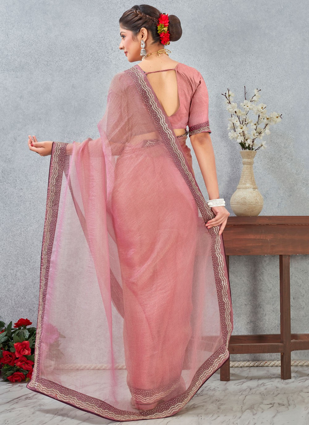 Pink Silk Trendy Saree Border Work, Zircon S20338