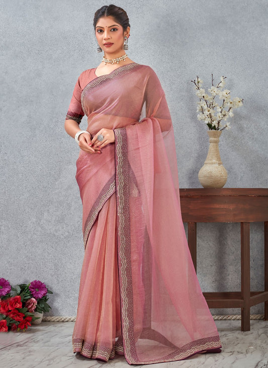 Pink Silk Trendy Saree Border Work, Zircon S20338
