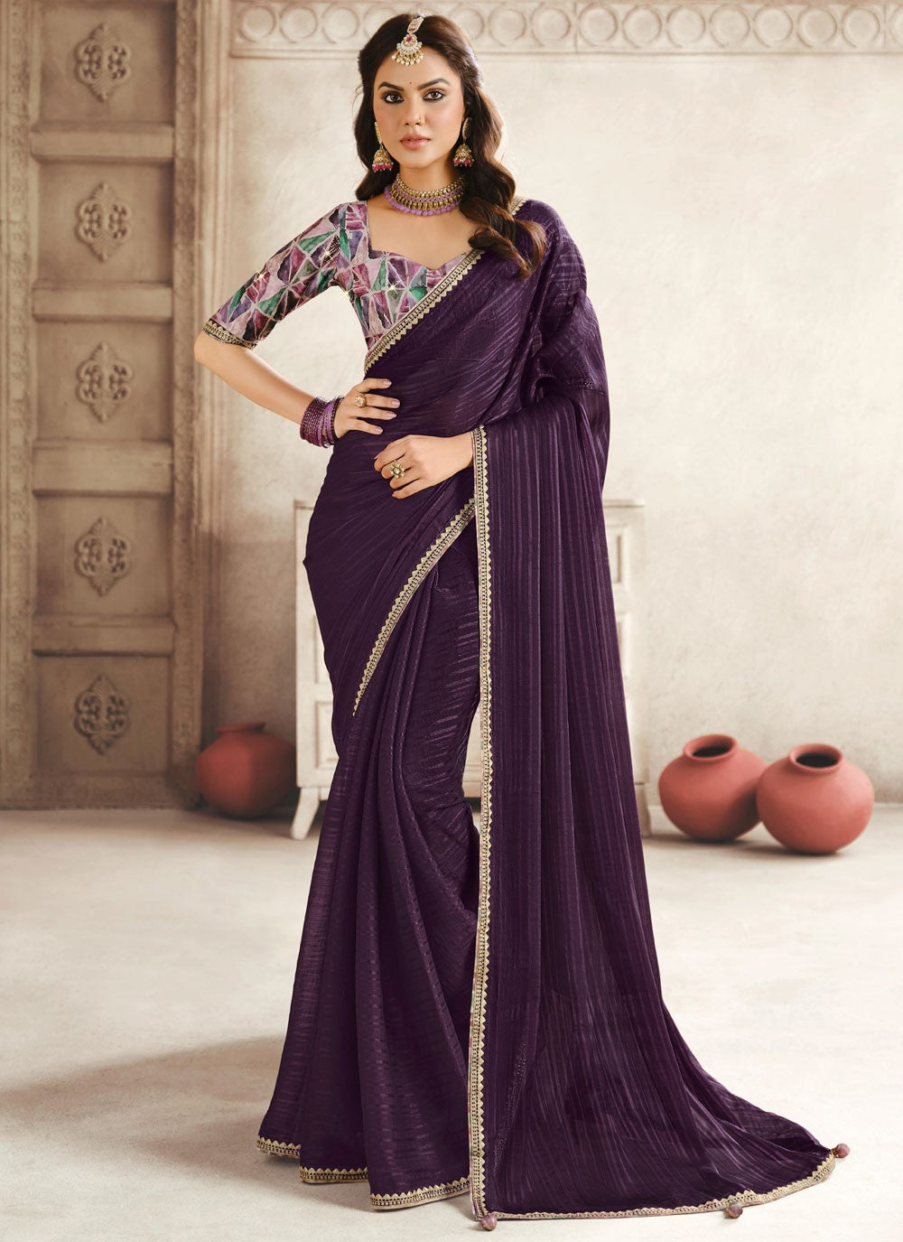 Classic Saree Border Work Purple Silk Saree S13211