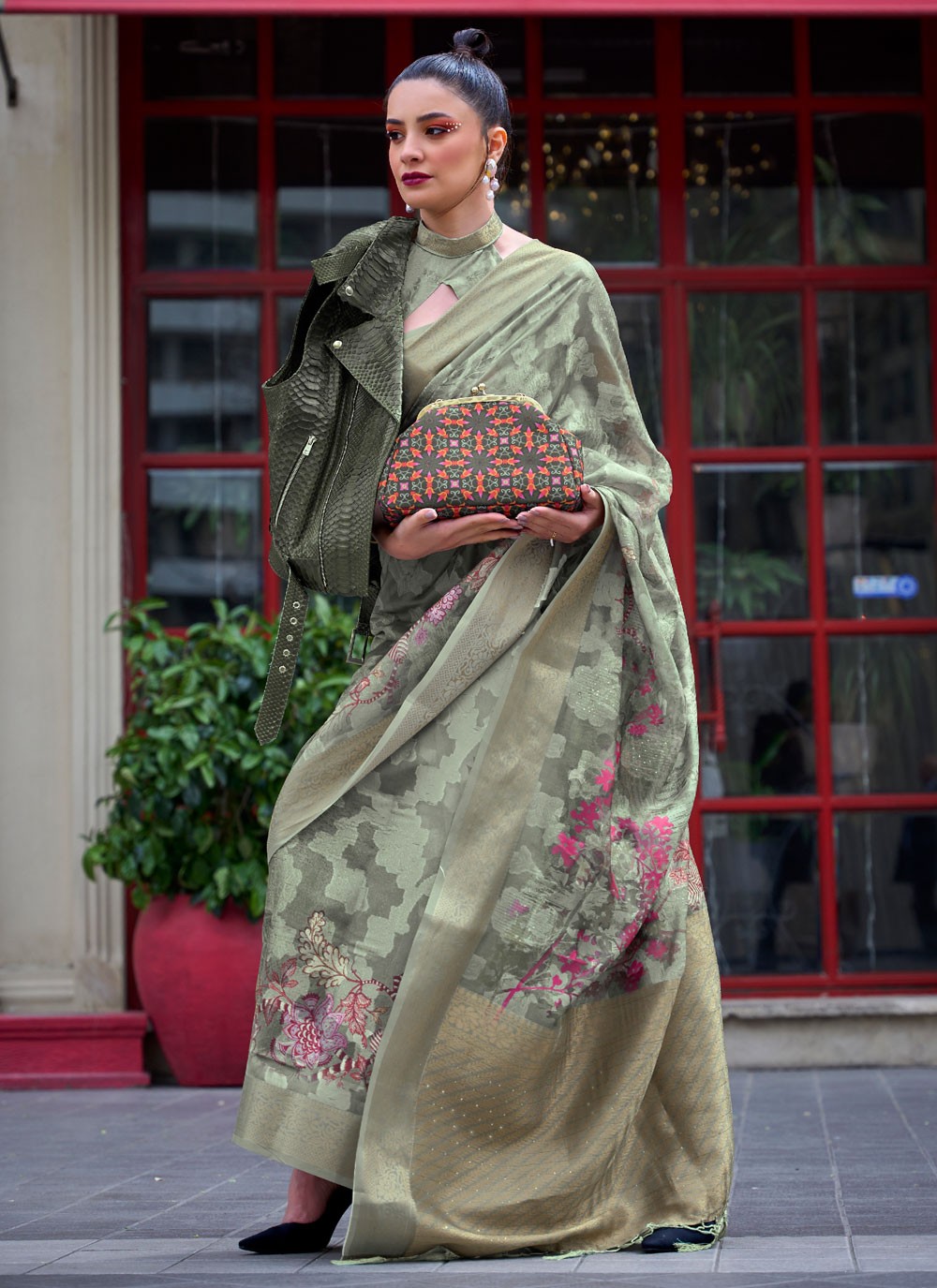 Designer Printed Brasso Saree - S4221
