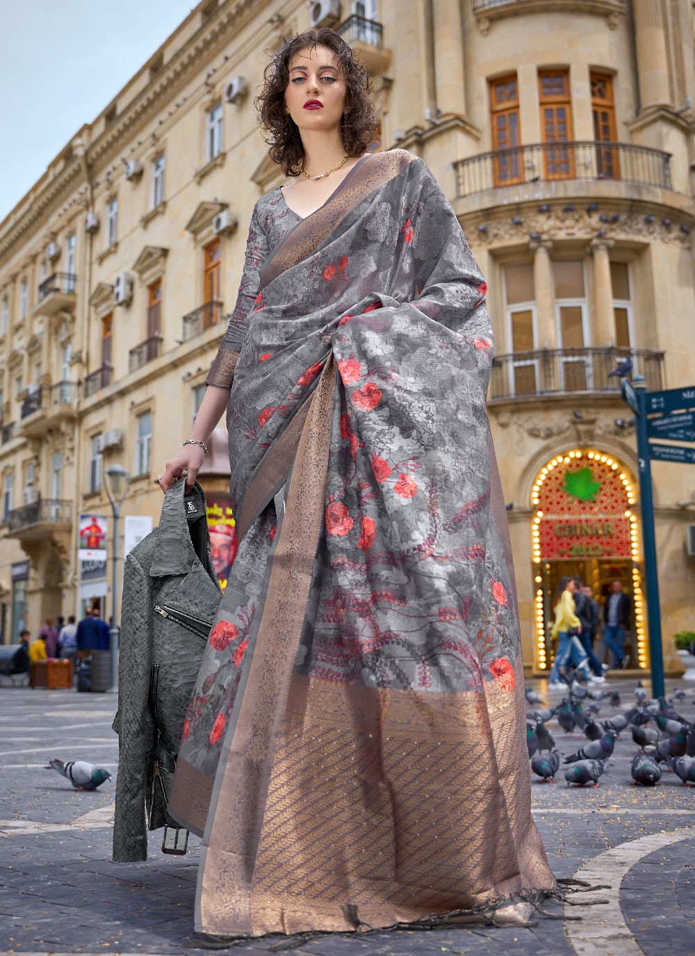 Designer Printed Brasso Saree - S4221