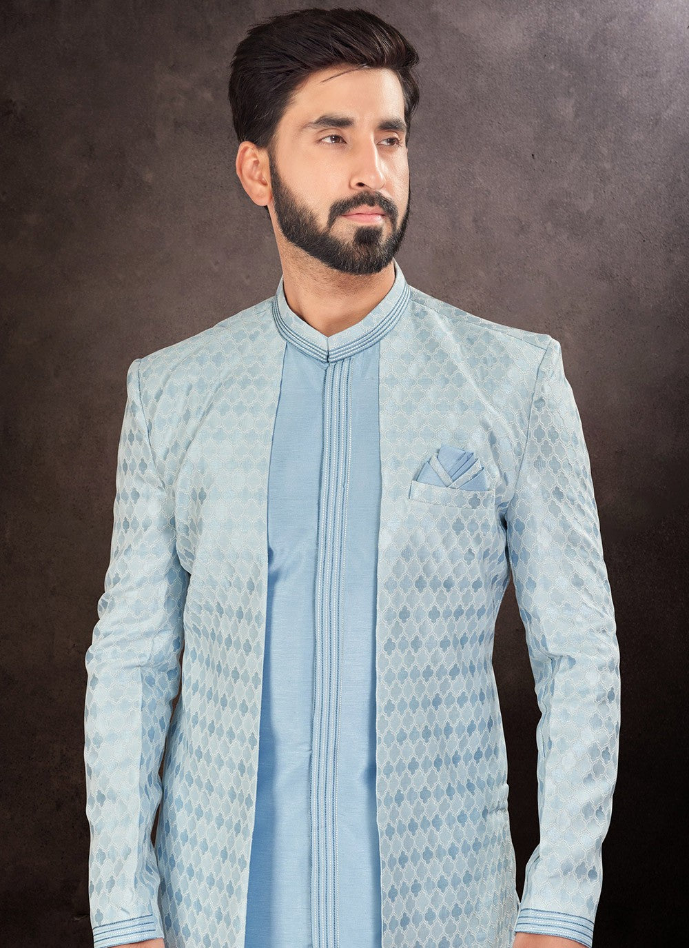 Embroidered Brocade, Jacquard Aqua Blue Indo Western - M7247