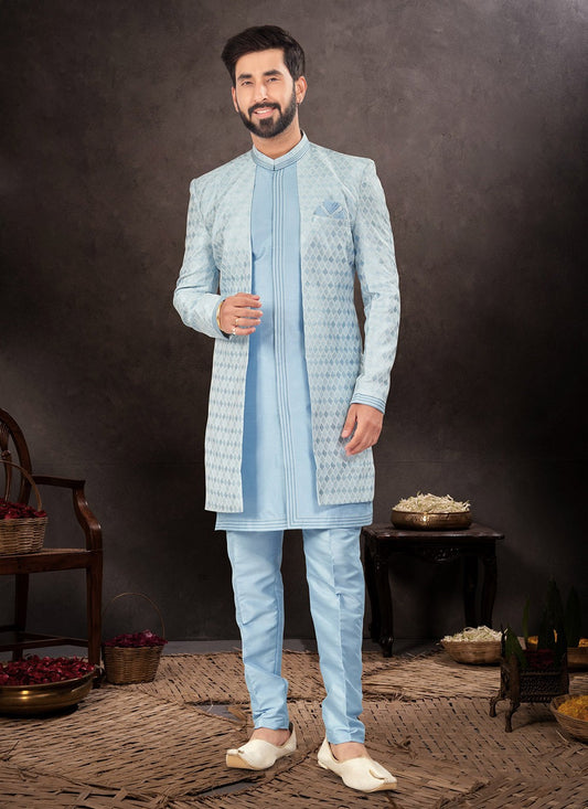 Embroidered Brocade, Jacquard Aqua Blue Indo Western - M7247