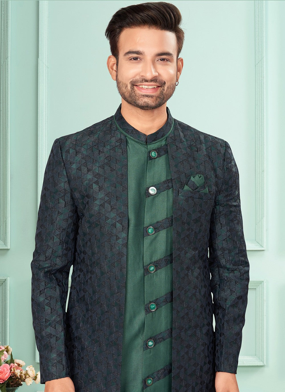 Embroidered Brocade, Jacquard Green, Navy Blue Indo Western - M7270