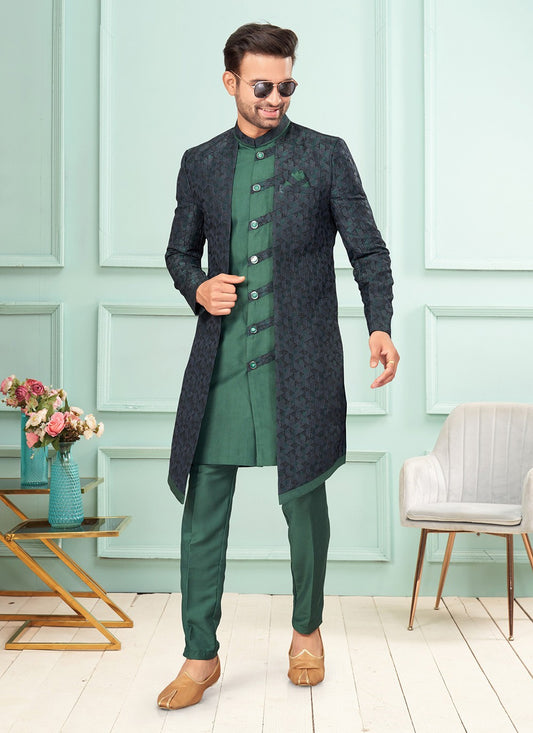 Embroidered Brocade, Jacquard Green, Navy Blue Indo Western - M7270