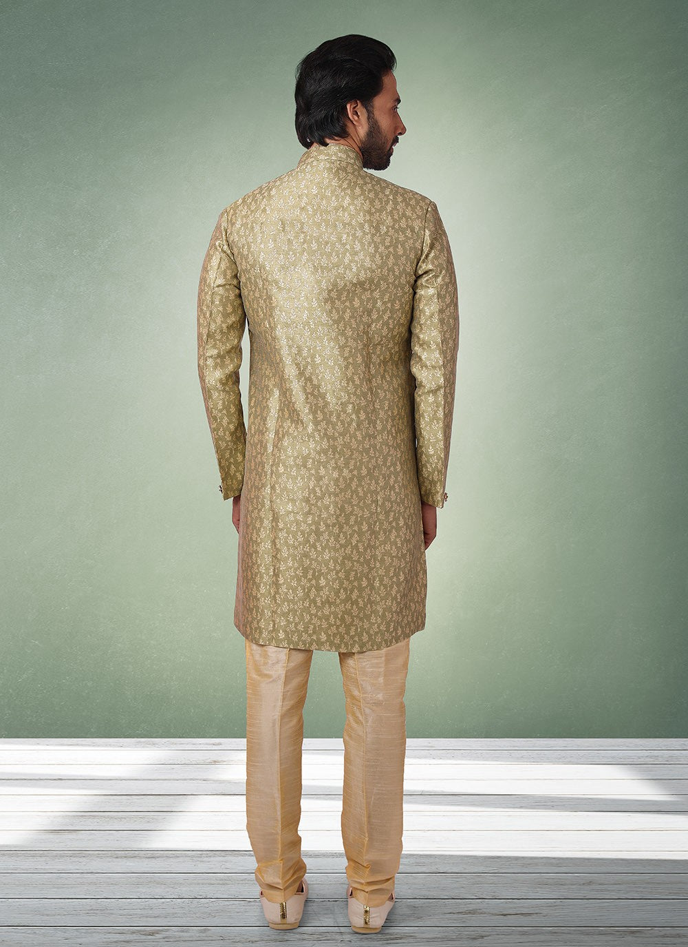 Jacquard Work Brocade, Jacquard Silk Green Indo Western - M2529