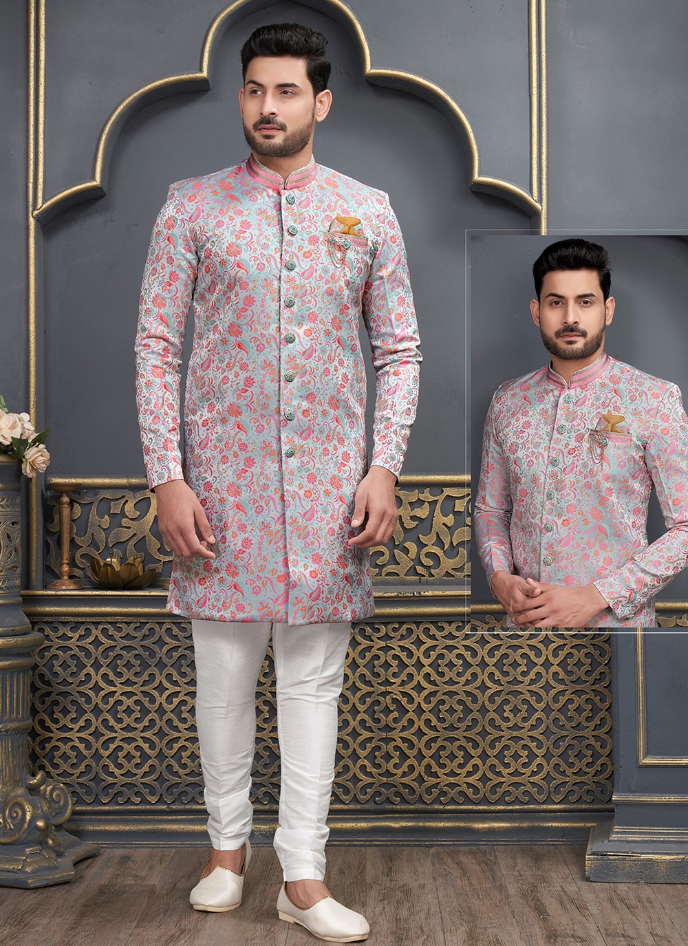 Fancy Work Brocade, Jacquard Silk Multi Colour Indo Western - M6473