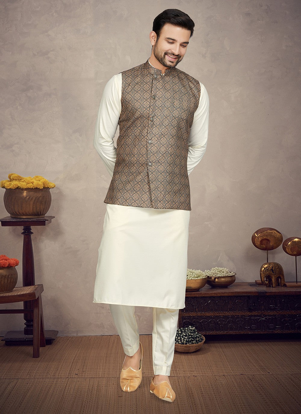 Digital Print Cotton Brown, Cream Kurta Payjama With Jacket - M5843