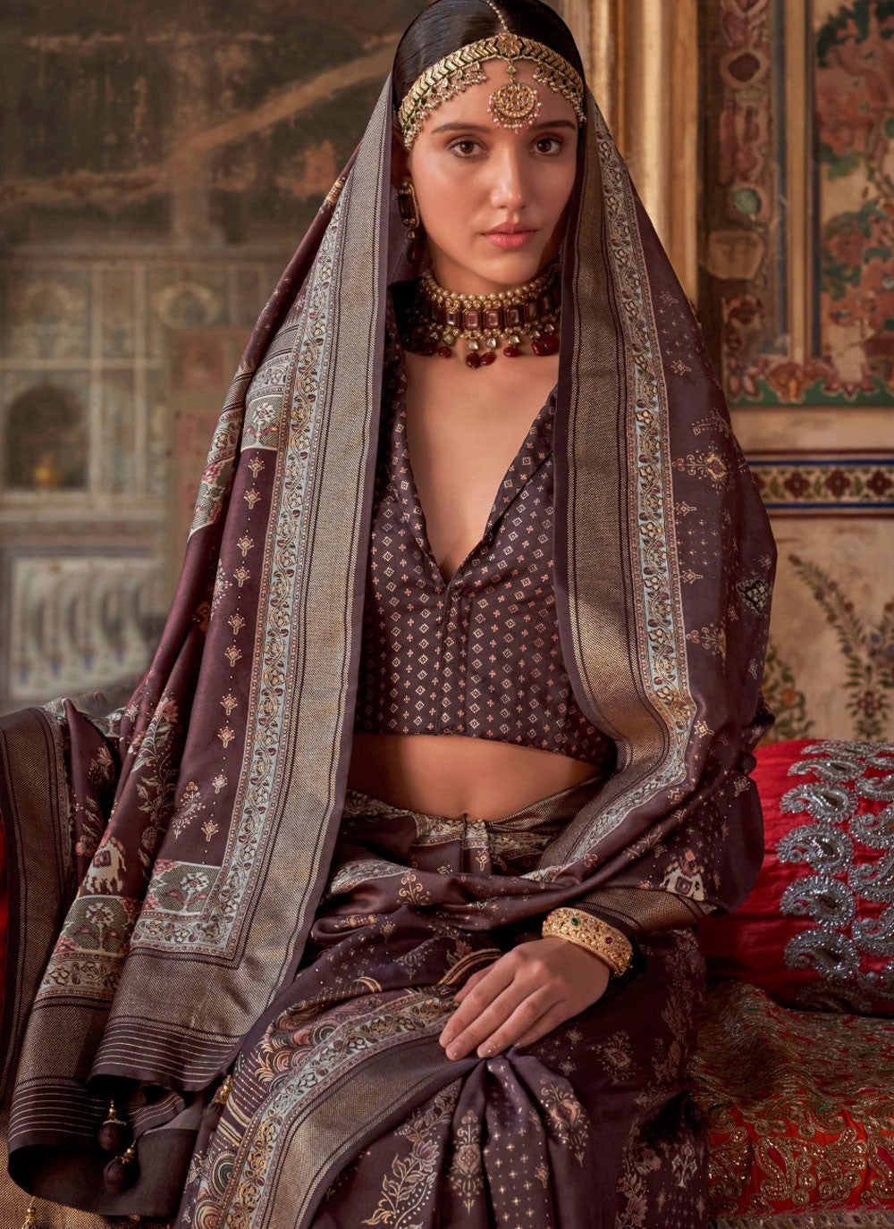 Designer Printed Brown, Grey Silk Saree S13696
