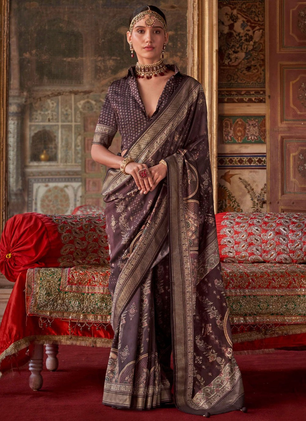 Designer Printed Brown, Grey Silk Saree S13696