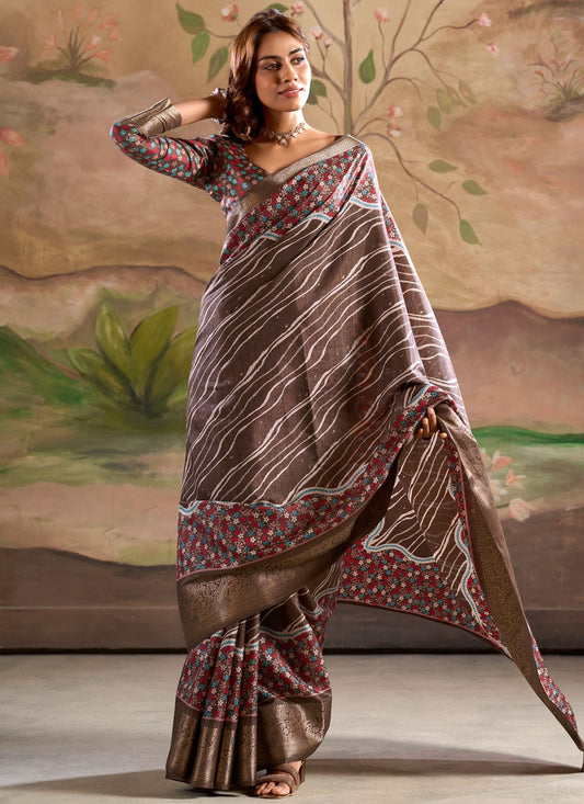 Border Work Pure Dola Brown Traditional Saree S15046