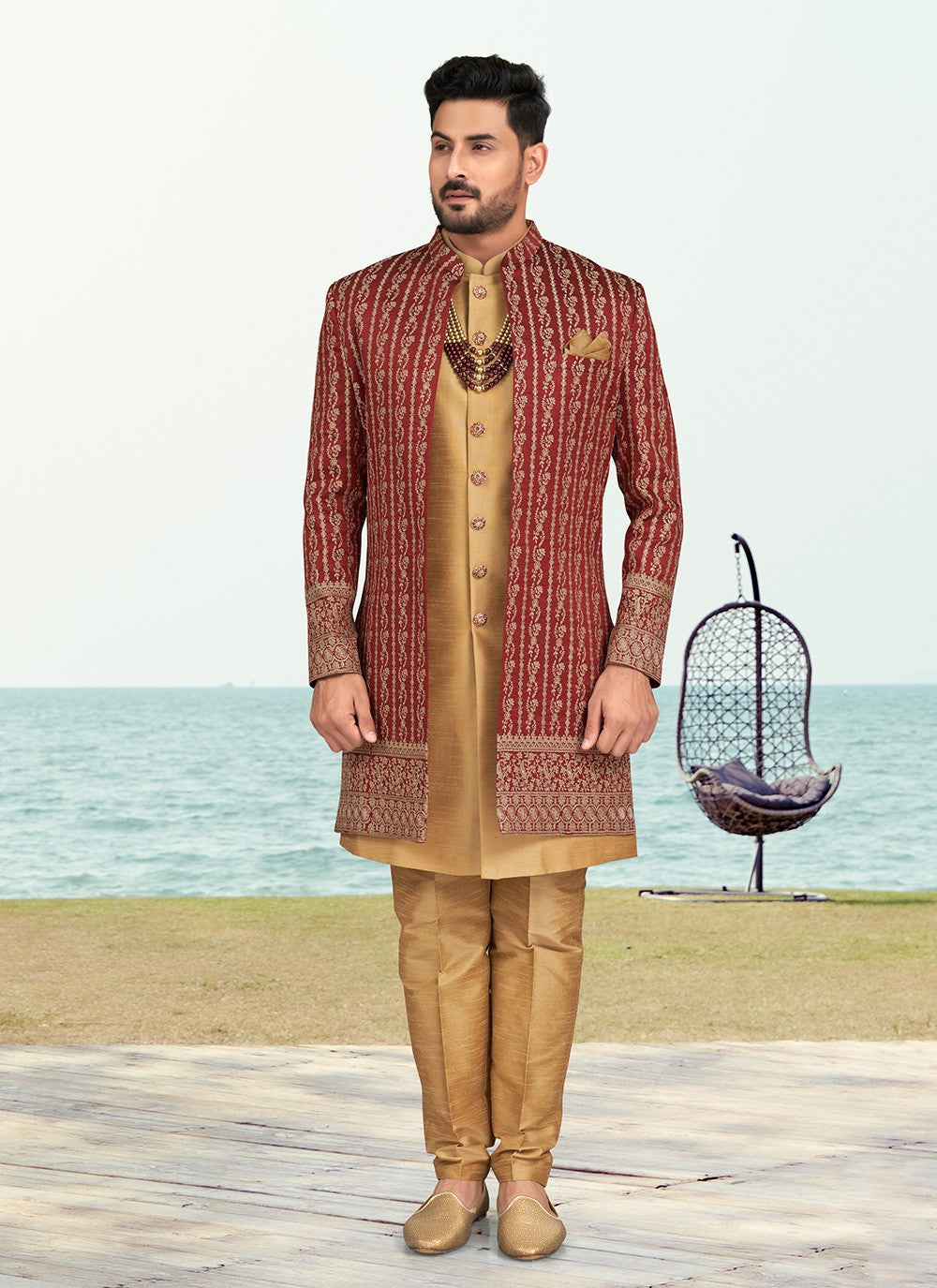 Machine Embroidery Banarasi Silk Brown, Maroon Sherwani - M6765