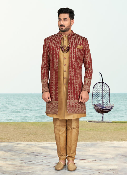 Machine Embroidery Banarasi Silk Brown, Maroon Sherwani - M6765
