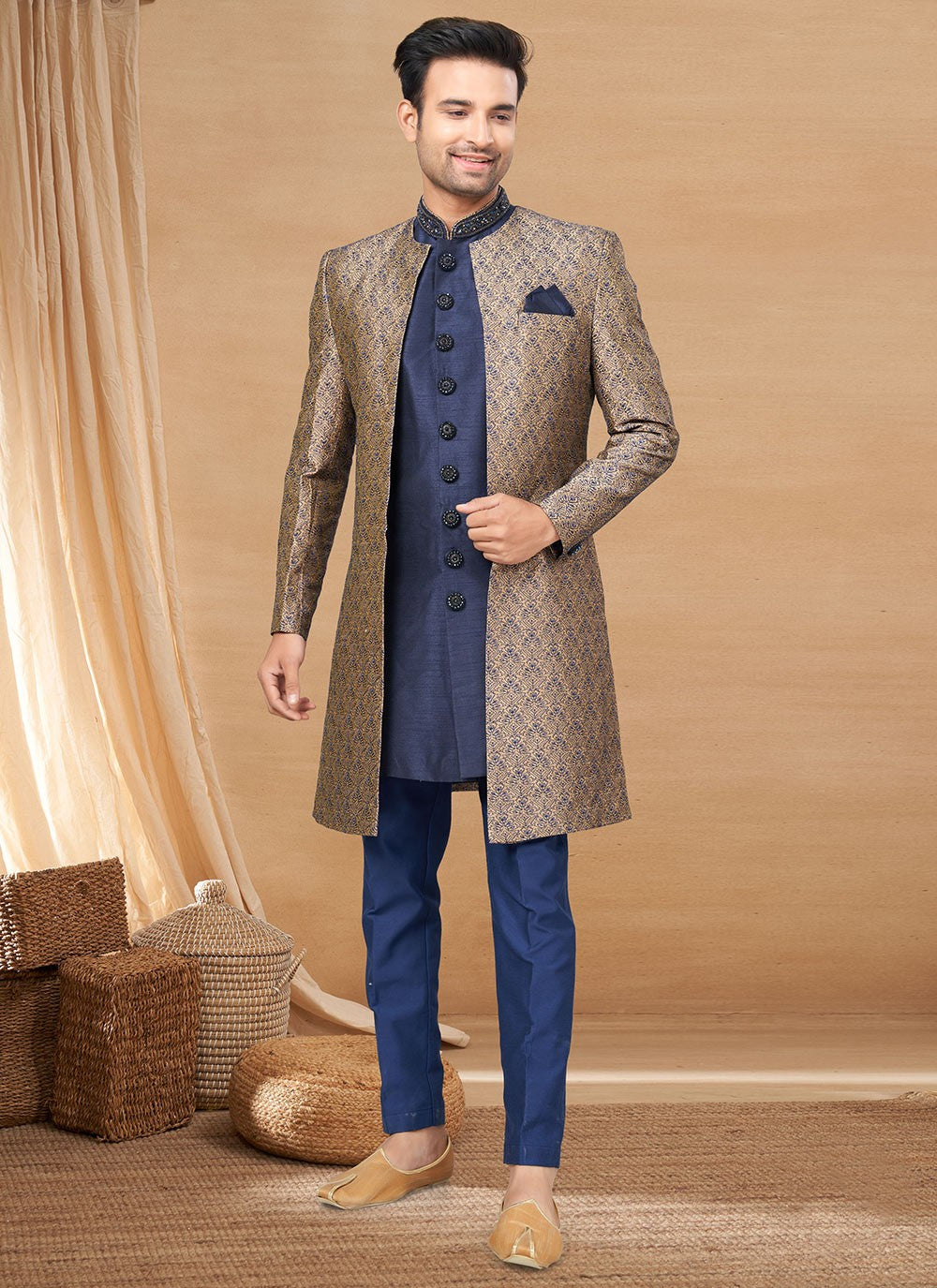 Hand Embroidery Art Silk, Fancy Fabric Brown, Navy Blue Indo Western - M6230