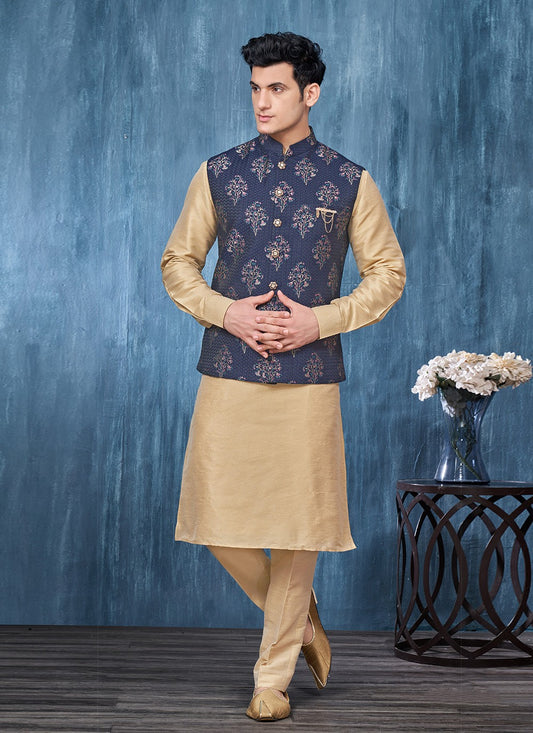 Fancy Work Jacquard Brown, Navy Blue Kurta Payjama With Jacket - M6314