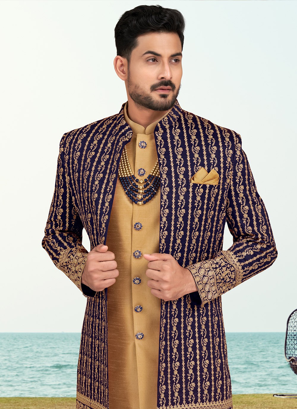 Machine Embroidery Banarasi Silk Brown, Navy Blue Sherwani - M6776