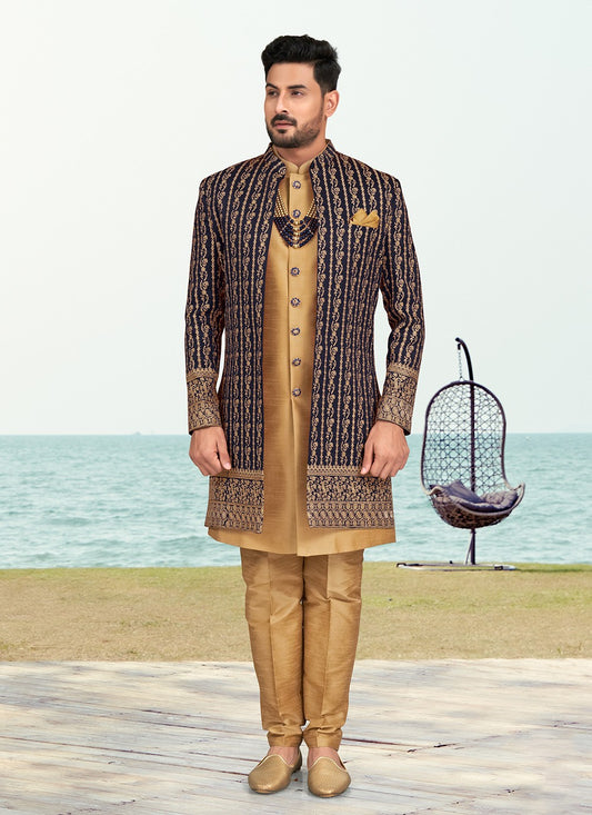 Machine Embroidery Banarasi Silk Brown, Navy Blue Sherwani - M6776
