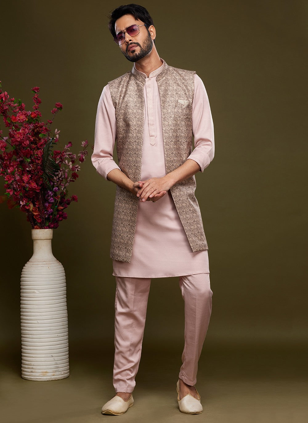 Digital Print Banarasi Silk Brown, Pink Kurta Payjama With Jacket - M6066