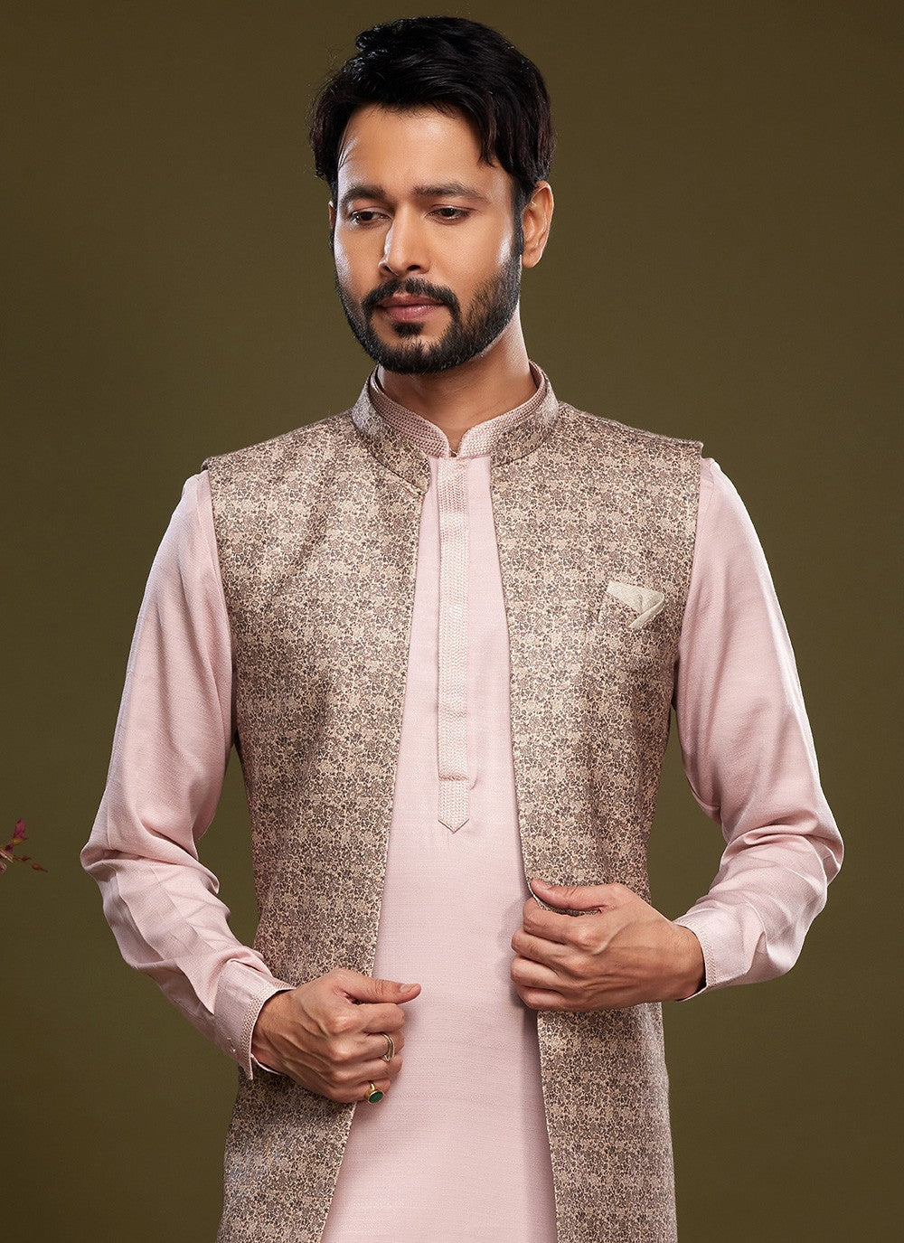 Digital Print Banarasi Silk Brown, Pink Kurta Payjama With Jacket - M6066