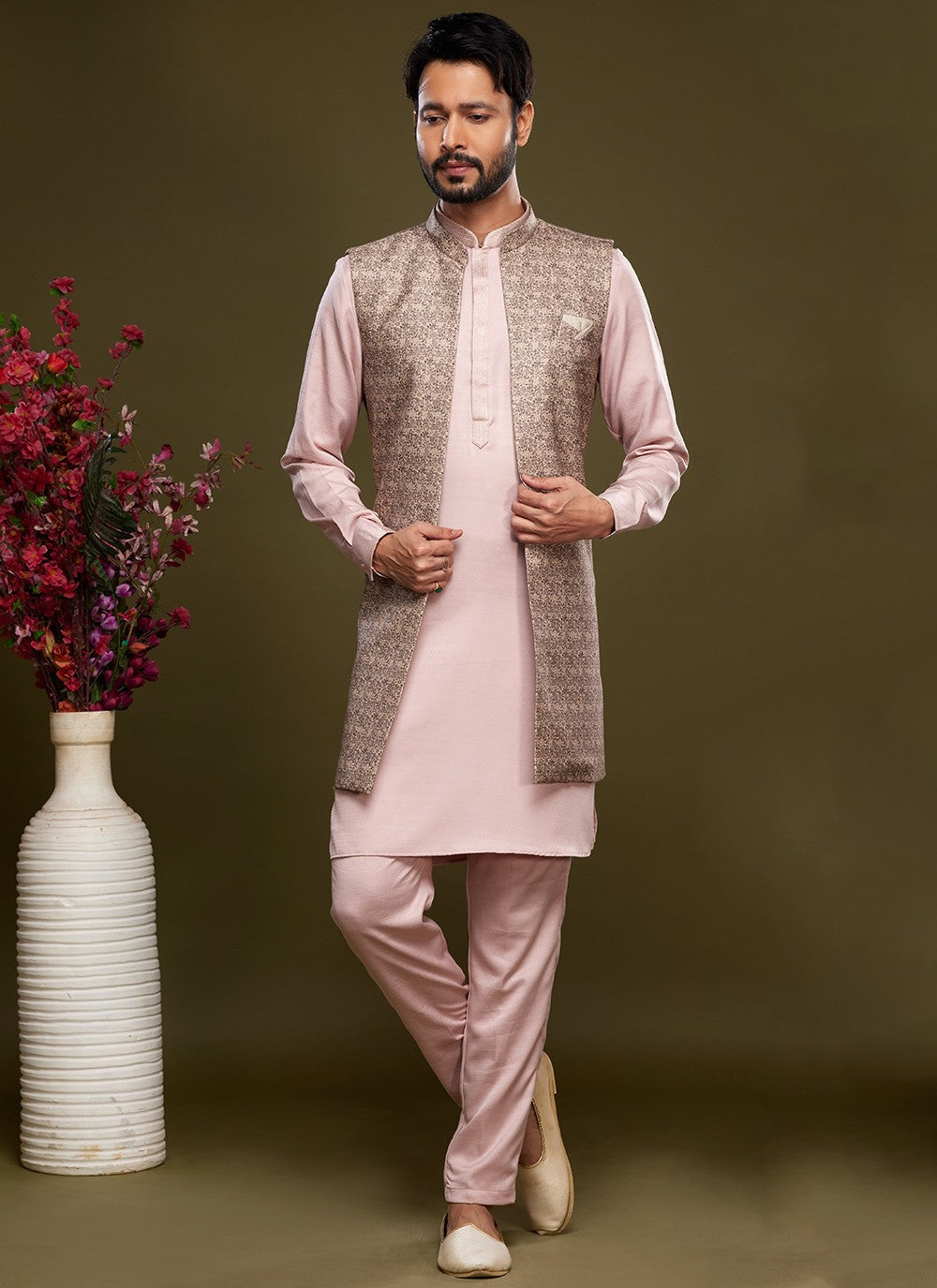 Digital Print Banarasi Silk Brown, Pink Kurta Payjama With Jacket - M6066