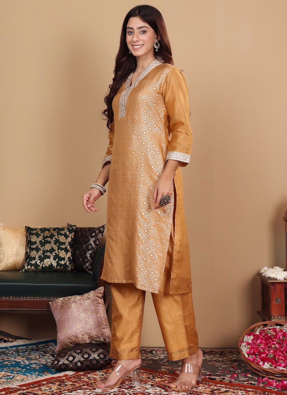 Salwar Suit Embroidered Brown, Yellow Silk Blend T5536
