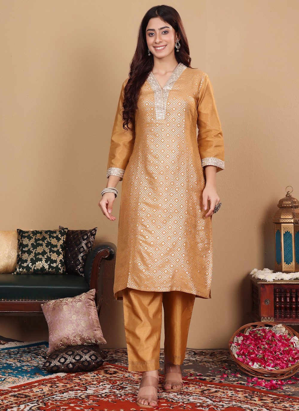 Salwar Suit Embroidered Brown, Yellow Silk Blend T5536