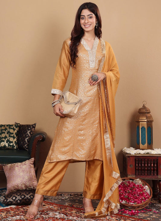 Salwar Suit Embroidered Brown, Yellow Silk Blend T5536
