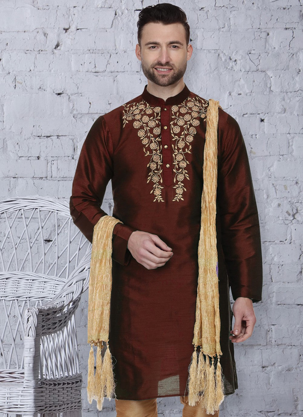 Embroidered Art Dupion Silk Brown Kurta - M1478