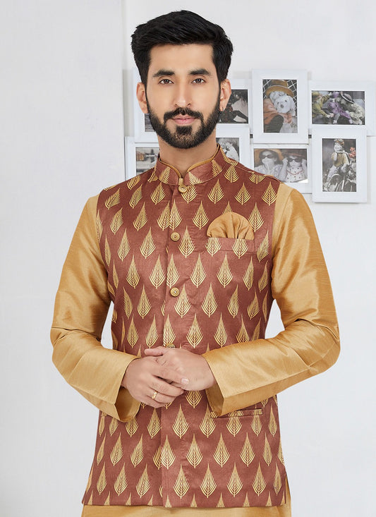 Printed Banarasi Silk Brown Nehru Jackets - M7481