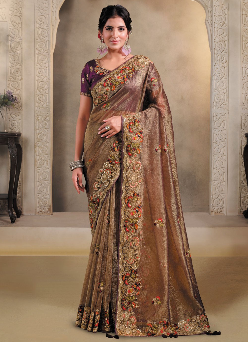 Brown Banarasi Silk Traditional Saree Khatli Work, Sequins S20443