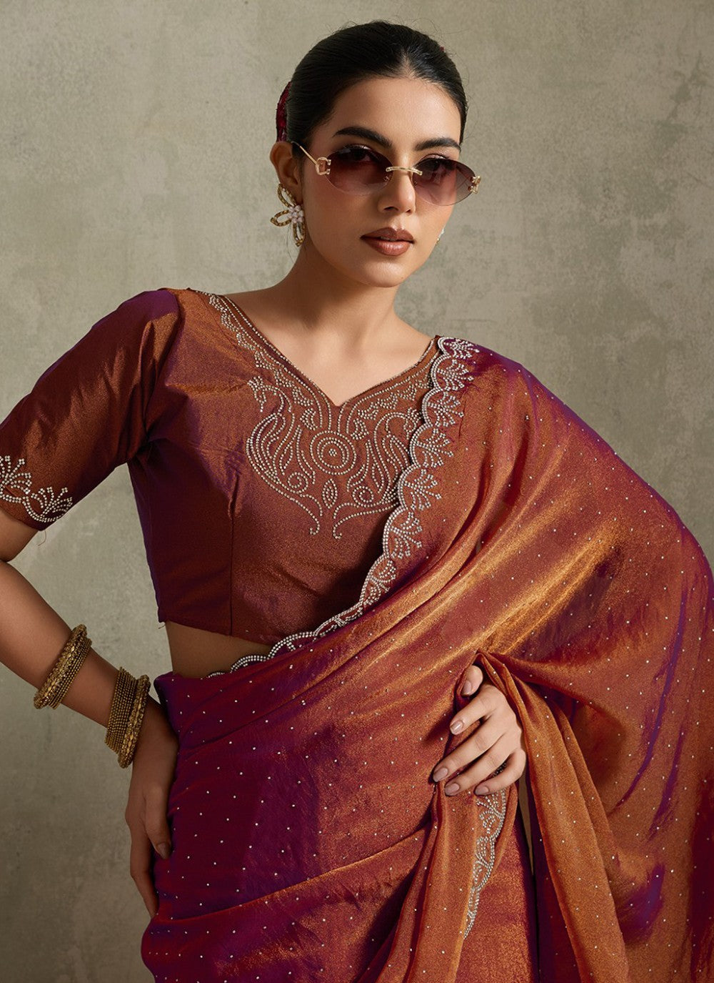 Brown Satin Classic Saree Diamond, Printed S20157