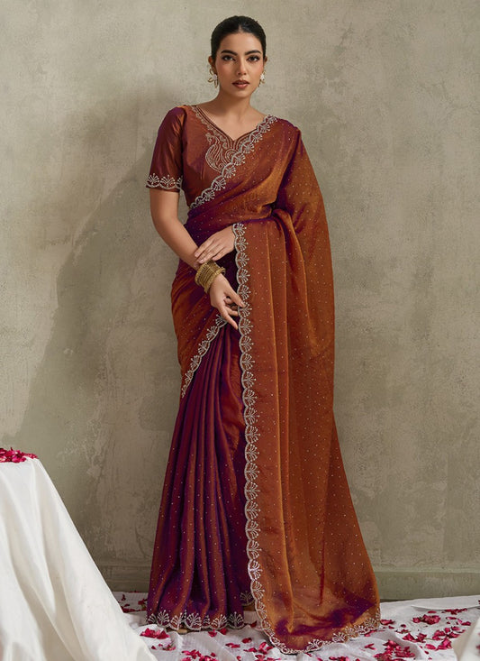 Brown Satin Classic Saree Diamond, Printed S20157
