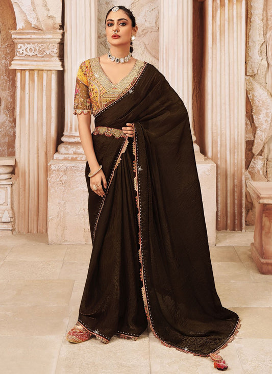 Brown Silk Trendy Saree Embroidered, Lace S19935