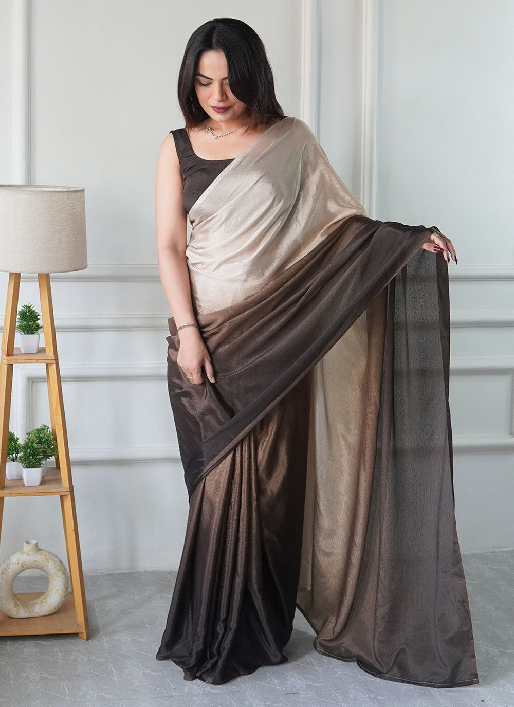 Brown Chinon Contemporary Saree Plain S16495