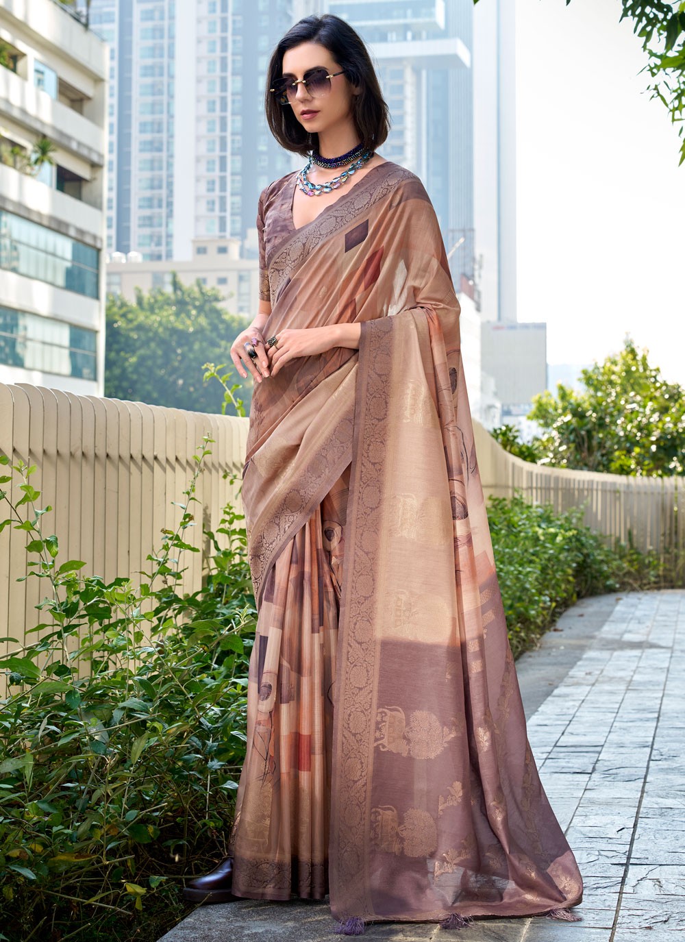 Classic Saree Jacquard Work Brown Handloom Silk S12665