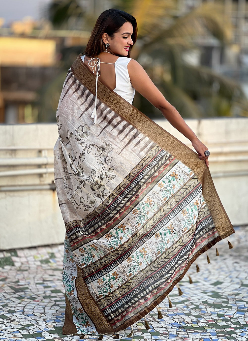 Printed Chanderi Brown Saree S14124